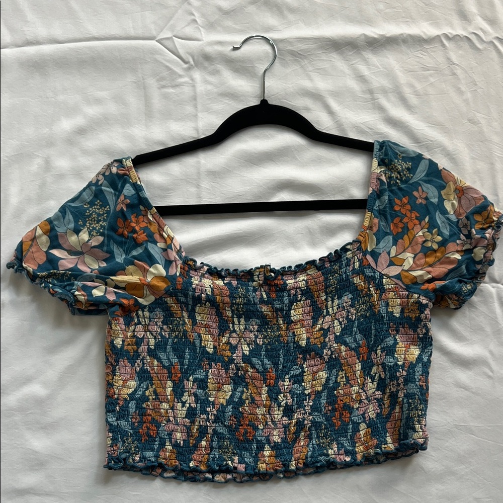 Aerie Multicolor Floral Smocked Ribbed Blouse